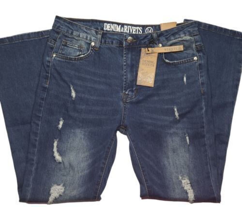 Denim & Rivets Womens Jeans Size 14 Blue Denim Stretch Distressed Straight NWT
